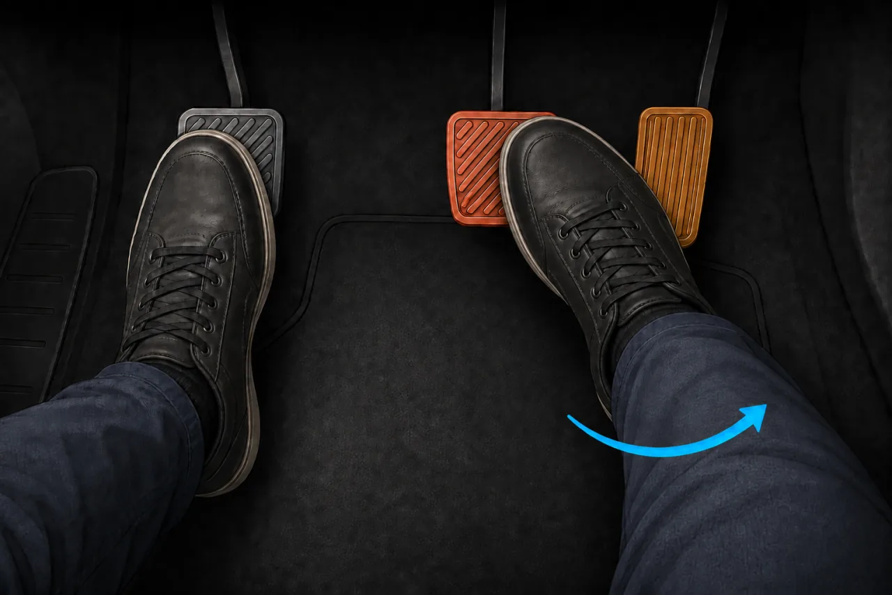 Heel-and-toe footwork: left foot on the clutch, right foot holding the brake with the ball of the foot while rolling right to blip the throttle
