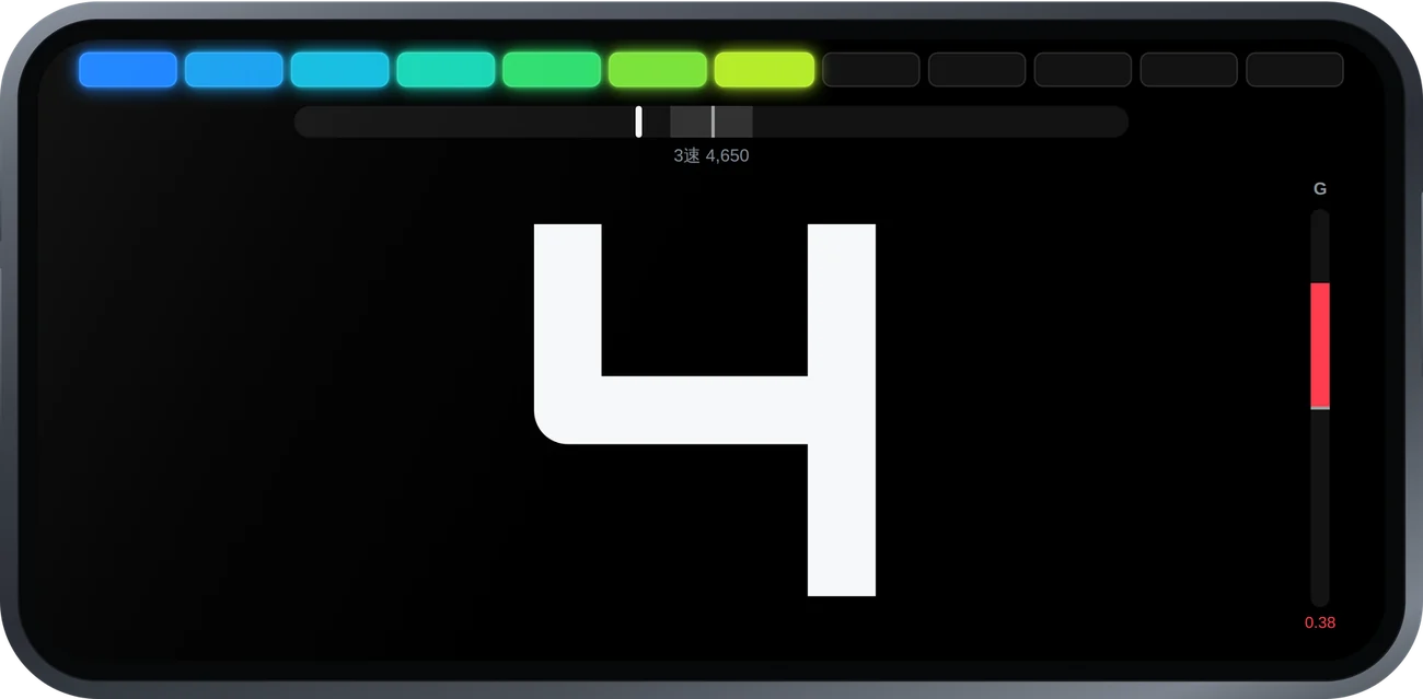 OBD Gear Indicator in landscape with the Racing typeface, RPM LEDs and the rev-match bar