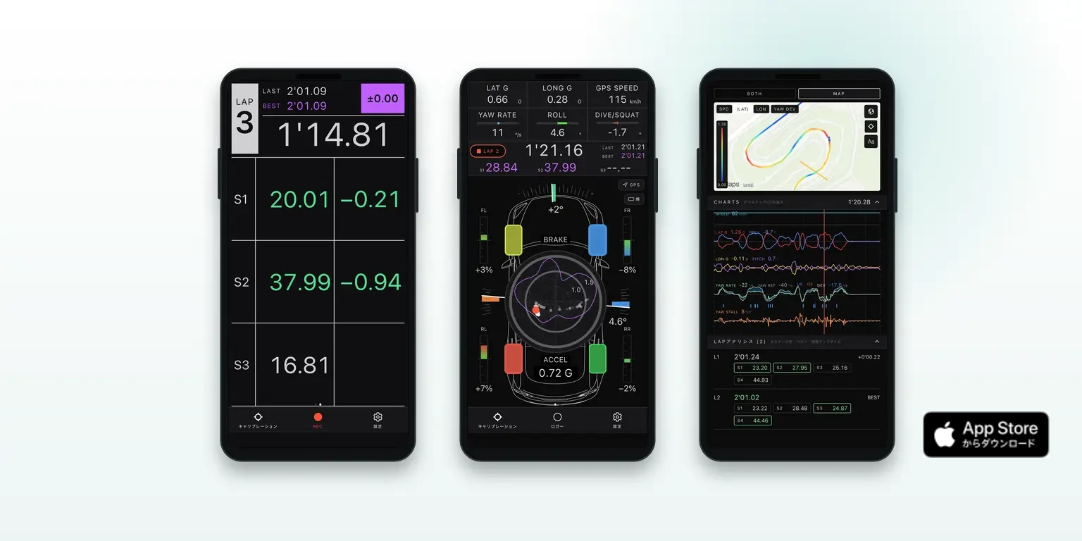 QUAD-G Meter hero image showing the load transfer meter, lap timer and data logger screens