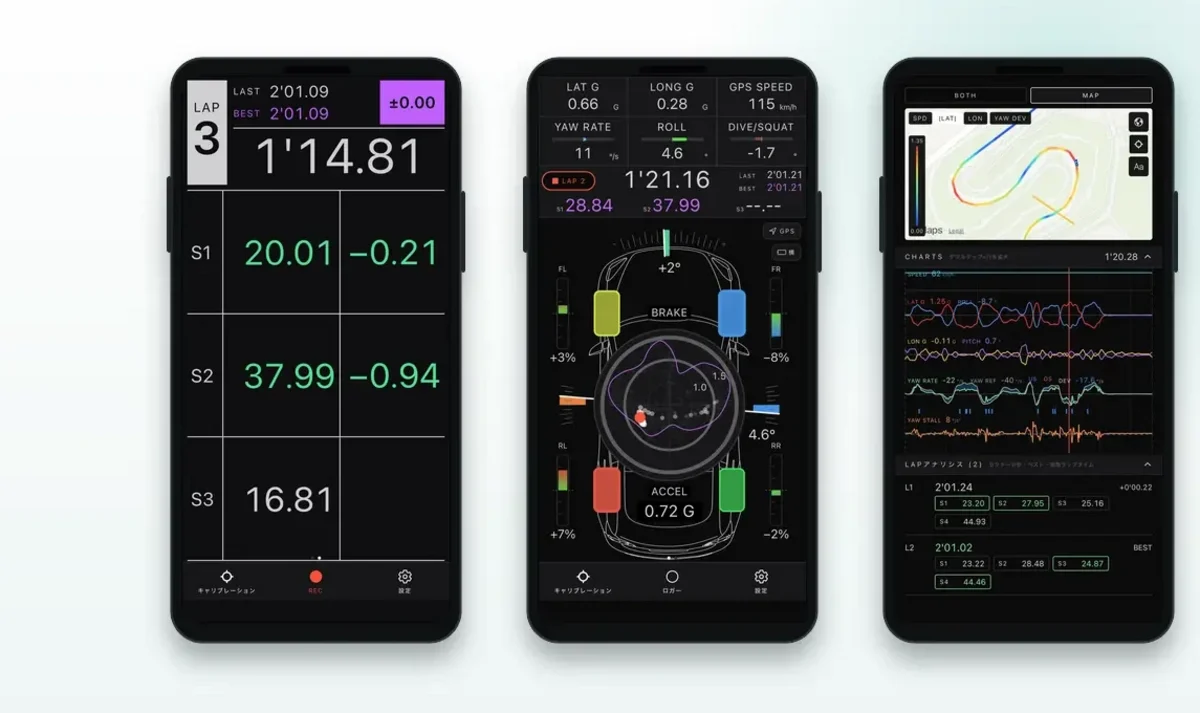 QUAD-G Meter lap timer, four-wheel load and data logger screens